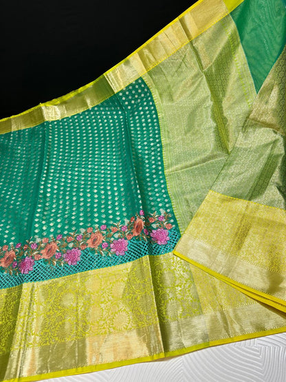 Semi pure Kanjeevaram soft silk sarees with cutwork and embroidery border