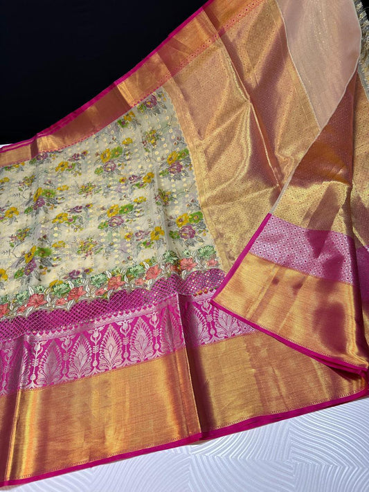 Soft banarasi silk with premium cutwork and embroidery work on the border- Cream with pink