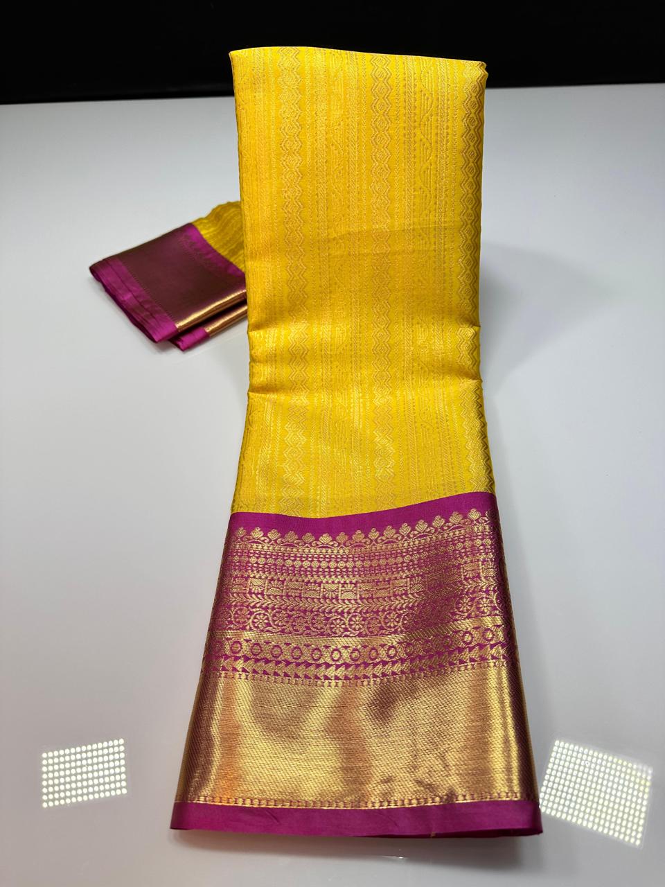 kanchipuram semi silk saree- Yellow with pink