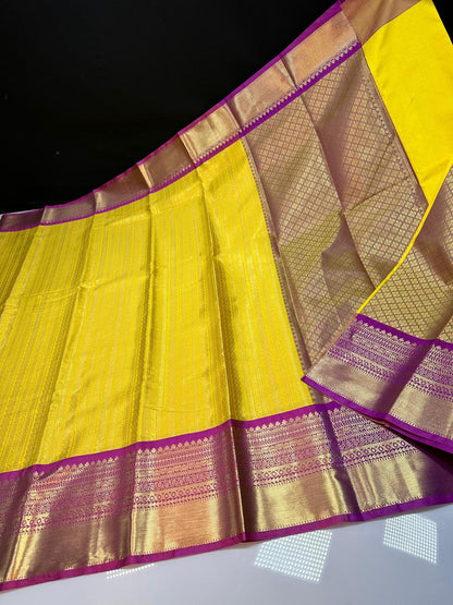 kanchipuram semi silk saree- Yellow with pink