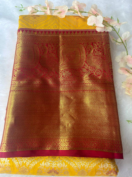 Yellow with red border pure handloom kanchipuram silk saree