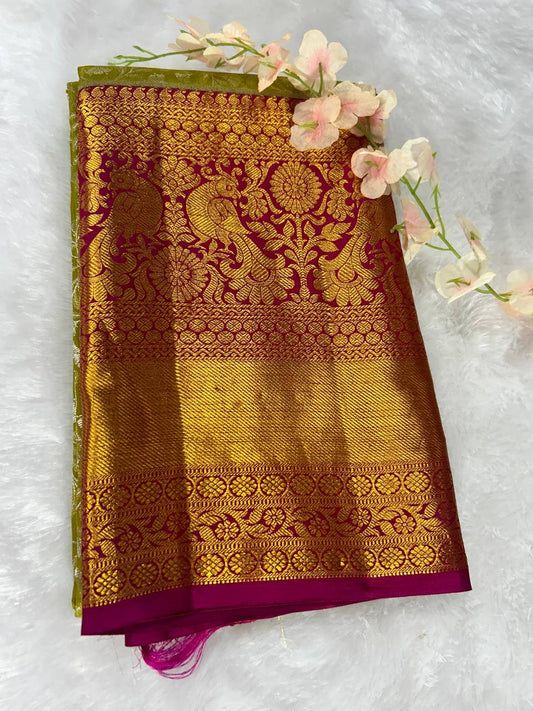 Parrot green with pink pure handloom silk saree