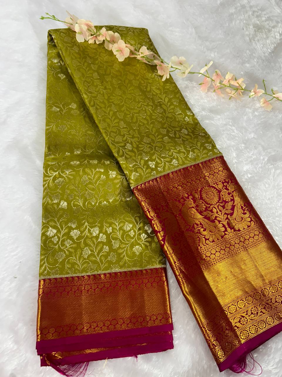 Parrot green with pink pure handloom silk saree