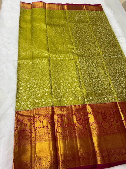 Parrot green with pink pure handloom silk saree