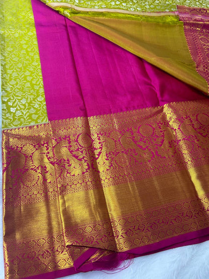 Parrot green with pink pure handloom silk saree