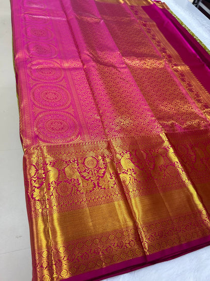 Parrot green with pink pure handloom silk saree