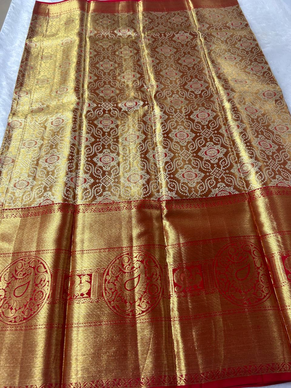 Golden saree with red border pure handloom silk saree