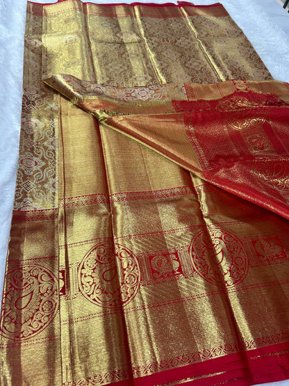 Golden saree with red border pure handloom silk saree