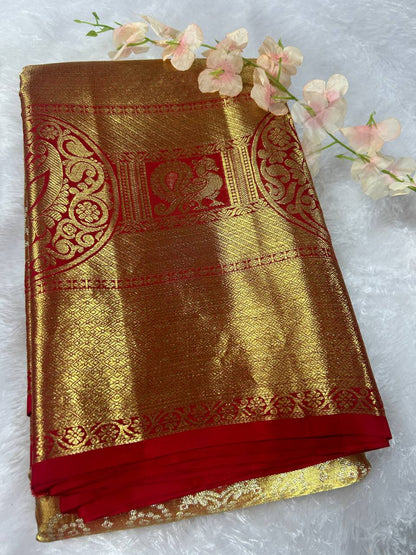 Golden saree with red border pure handloom silk saree