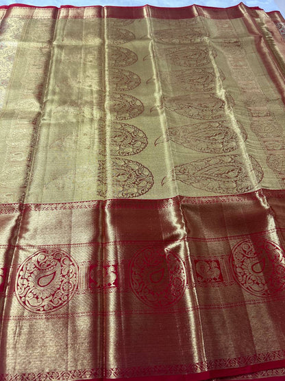 Golden saree with red border pure handloom silk saree