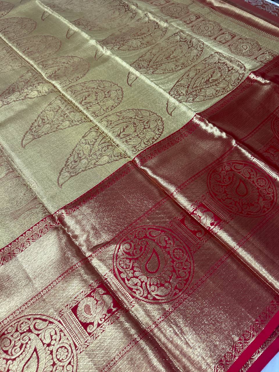 Golden saree with red border pure handloom silk saree