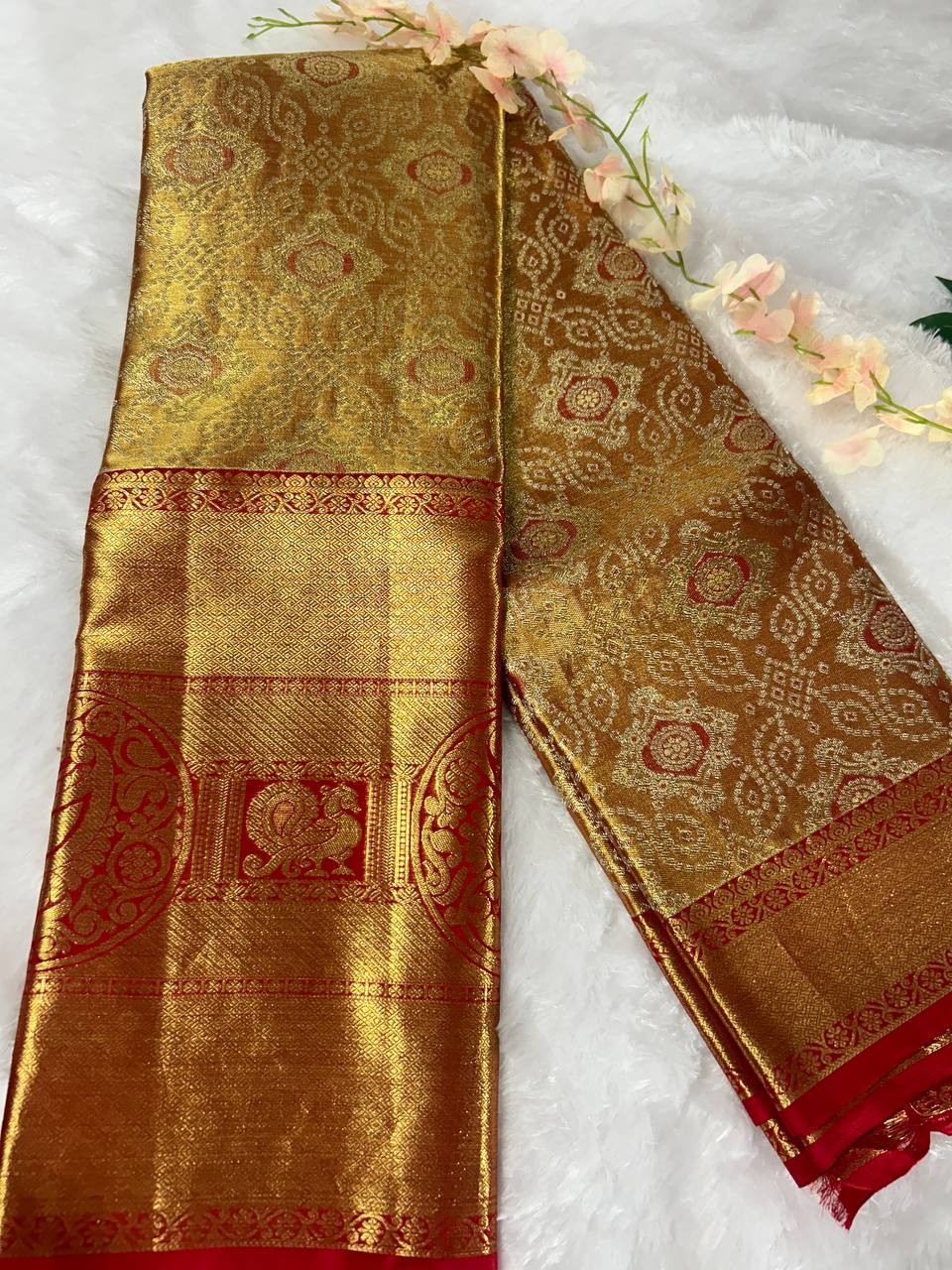 Golden saree with red border pure handloom silk saree