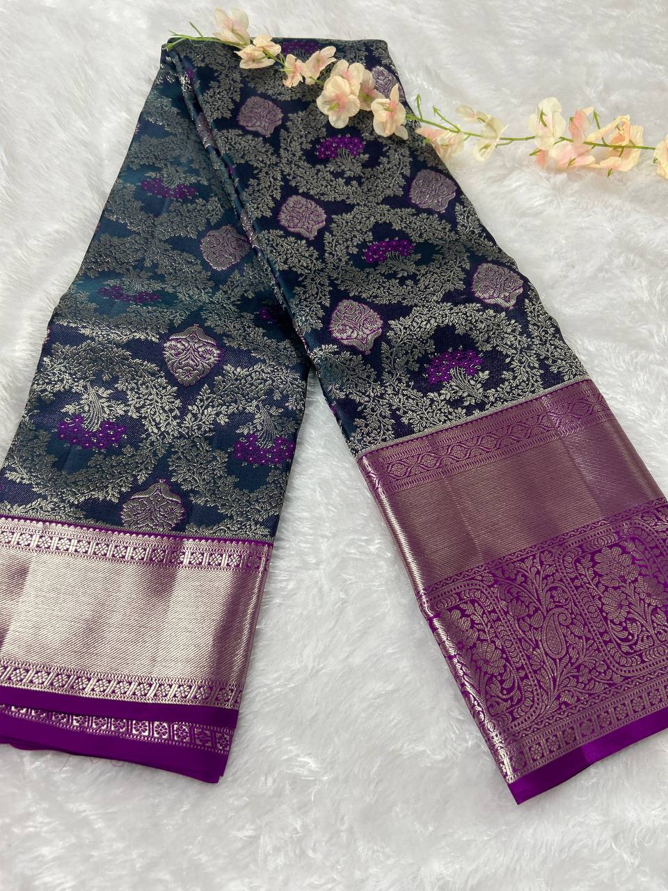 Violet with purple border pure handloom silk saree