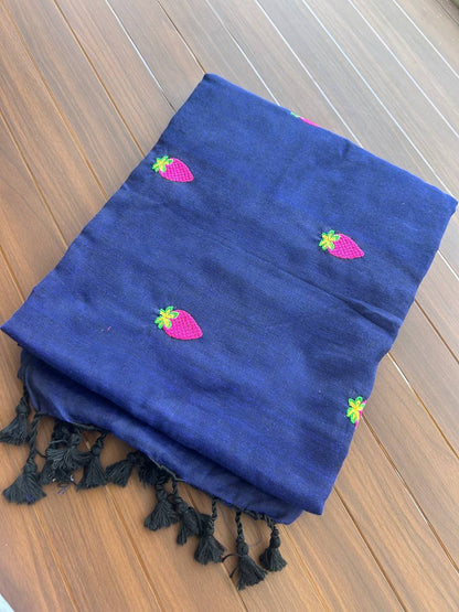 Khadi cotton saree with strawberry embroidery - Navy blue