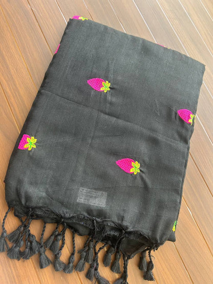 Khadi cotton saree with strawberry embroidery - Black