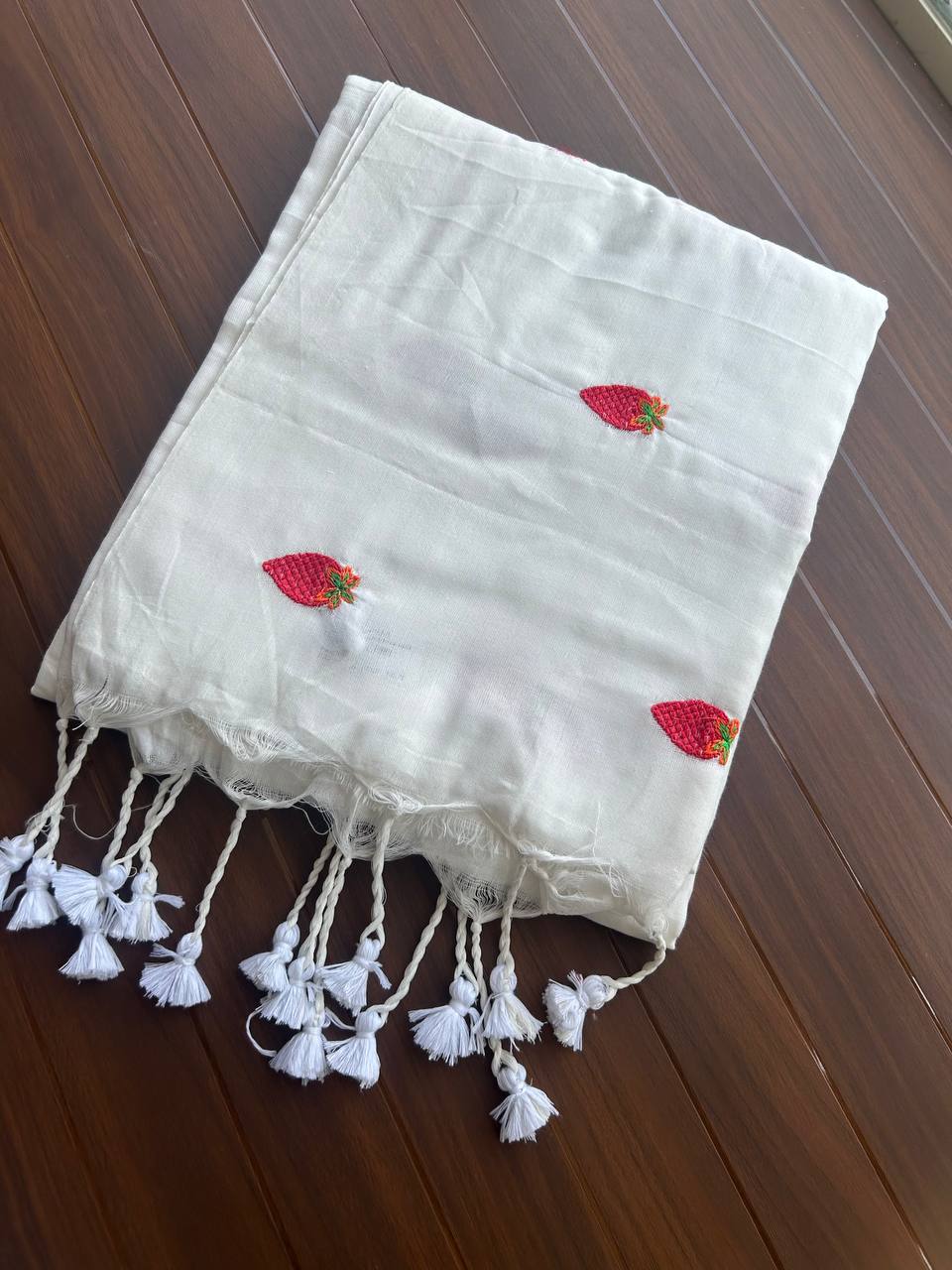 Khadi cotton saree with strawberry embroidery - white