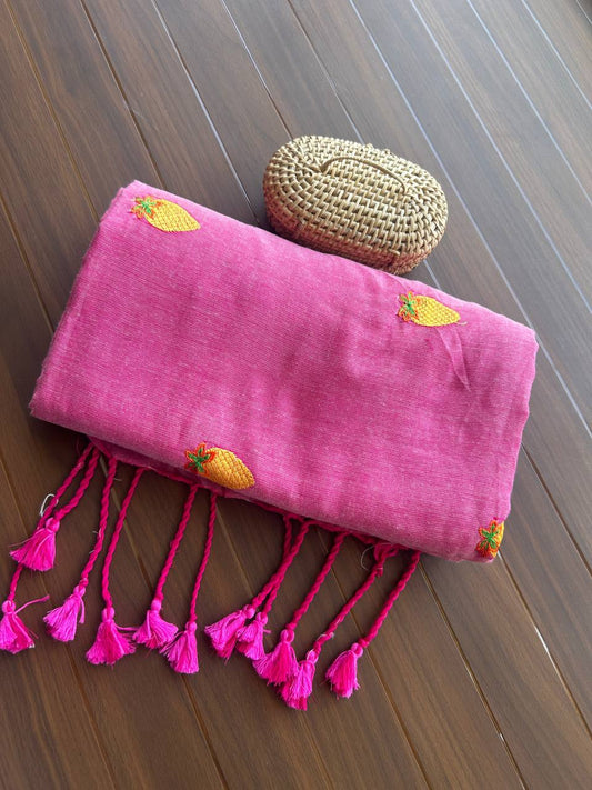 Khadi cotton saree with strawberry embroidery - Pink