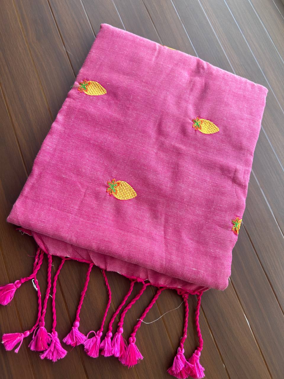 Khadi cotton saree with strawberry embroidery - Pink