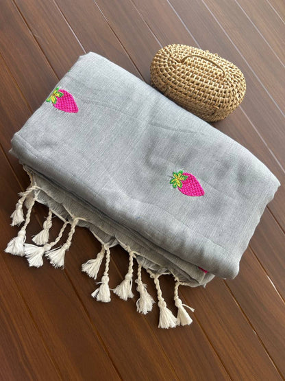 Khadi cotton saree with strawberry embroidery - GREY