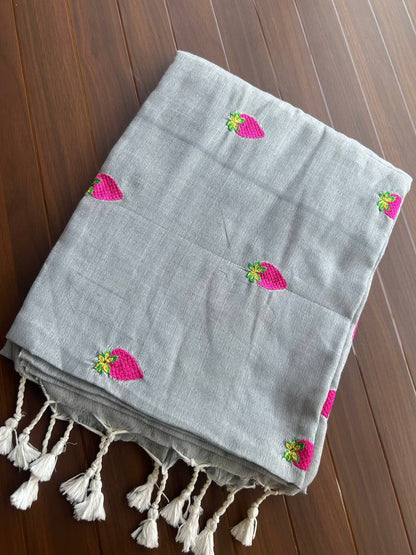 Khadi cotton saree with strawberry embroidery - GREY