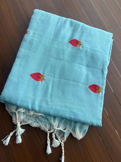 Khadi cotton saree with strawberry embroidery - blue