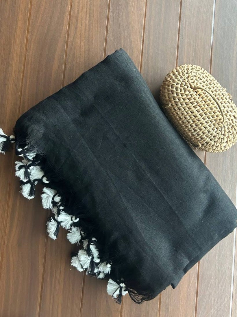 Plain Khadi cotton saree with self blouse - Black