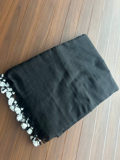 Plain Khadi cotton saree with self blouse - Black