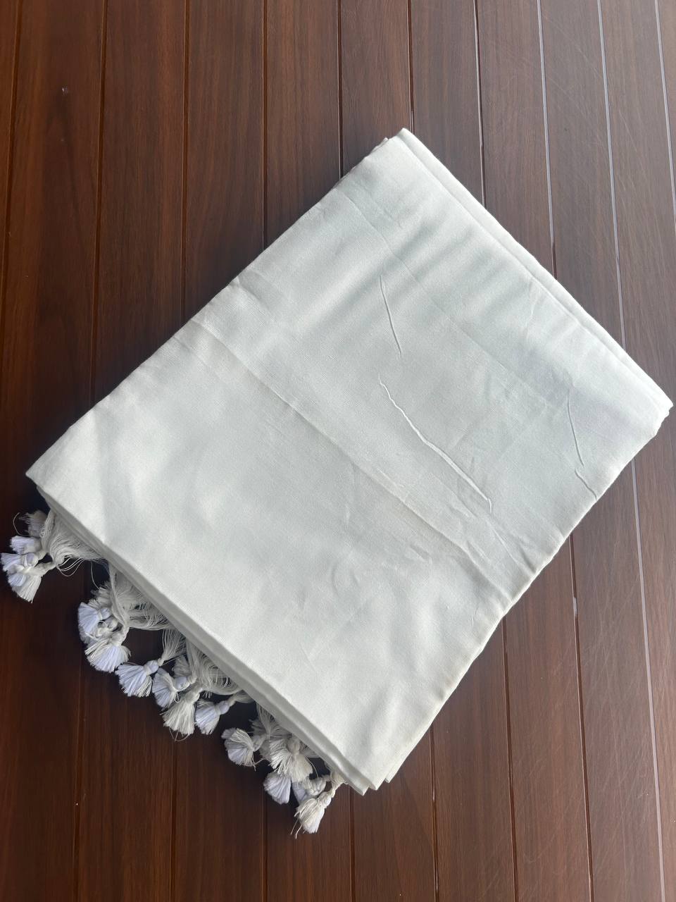 Plain Khadi cotton saree with self blouse- white