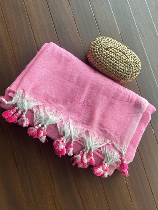 Plain Khadi cotton saree with self blouse -Baby pink