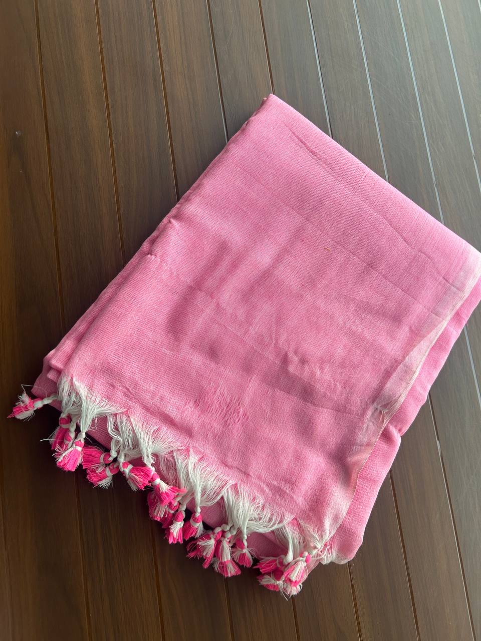 Plain Khadi cotton saree with self blouse -Baby pink