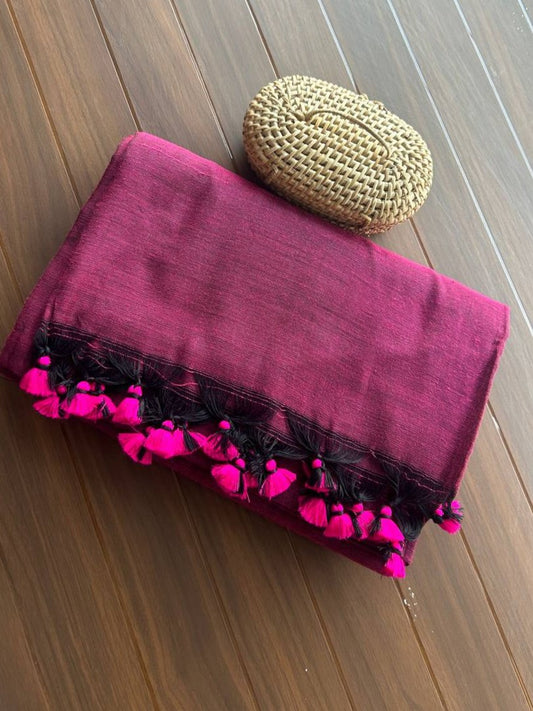 Plain Khadi cotton saree with self blouse - Dual shaded pink with black colour