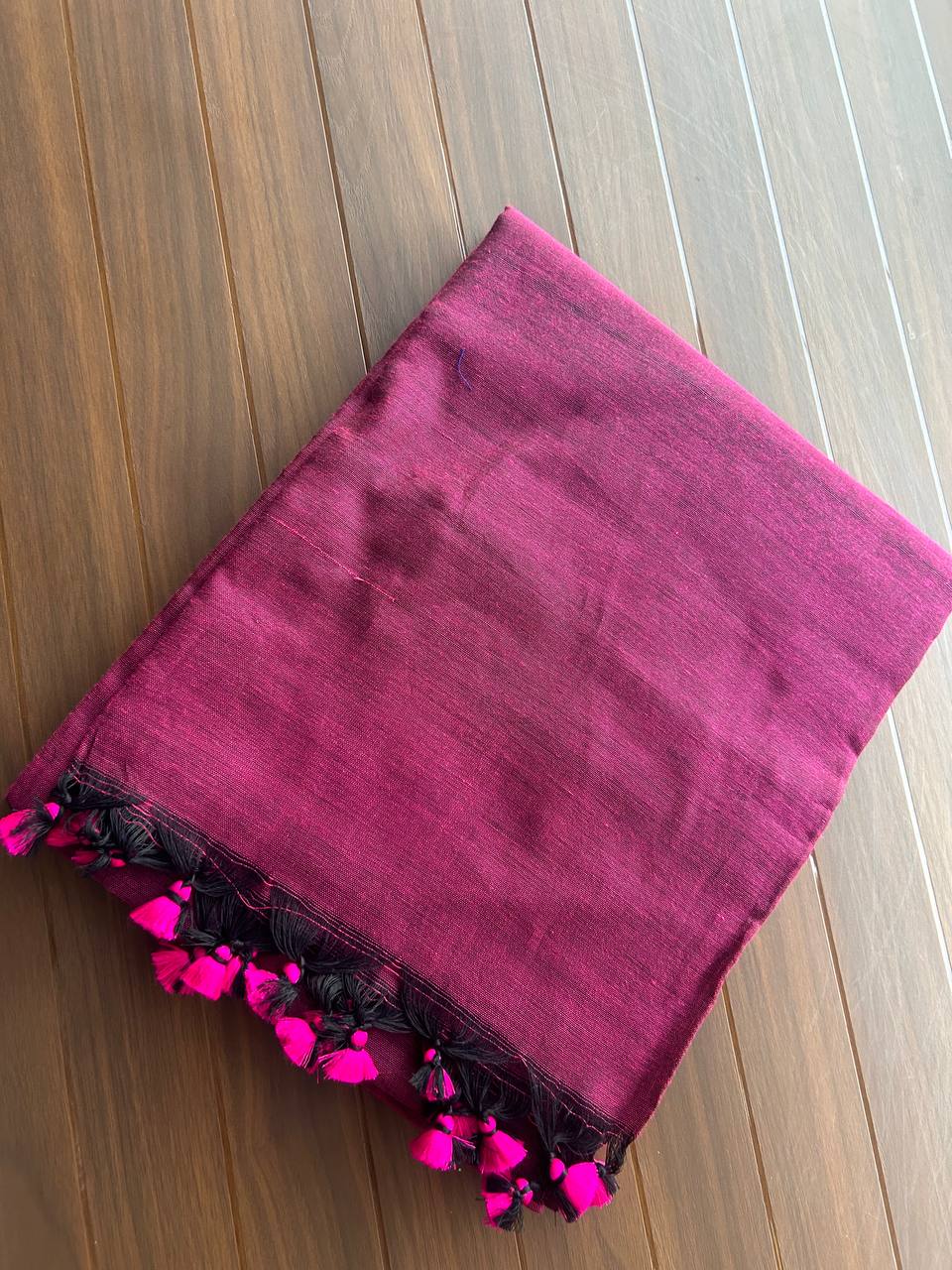 Plain Khadi cotton saree with self blouse - Dual shaded pink with black colour