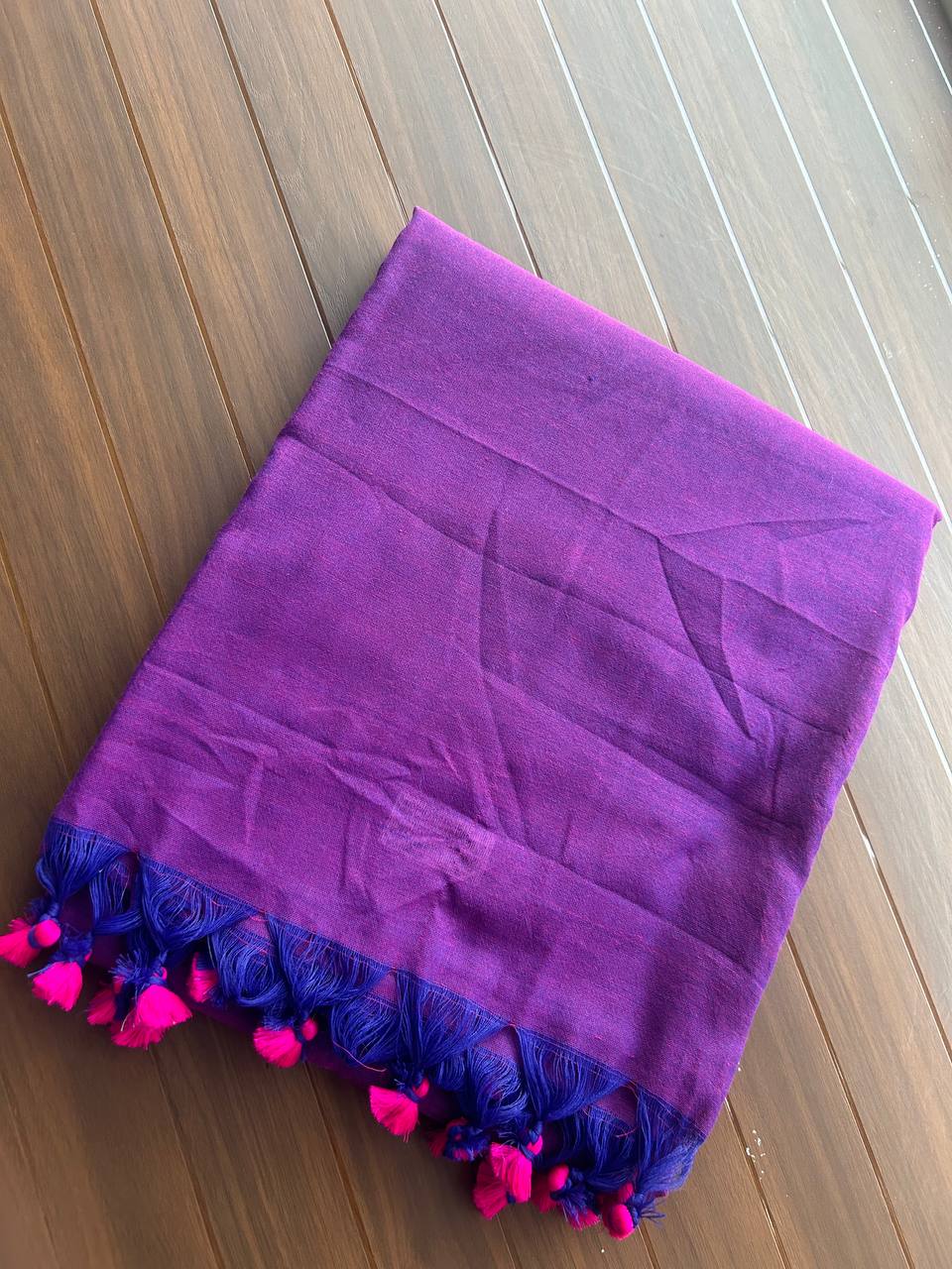 Plain Khadi cotton saree with self blouse- Purple