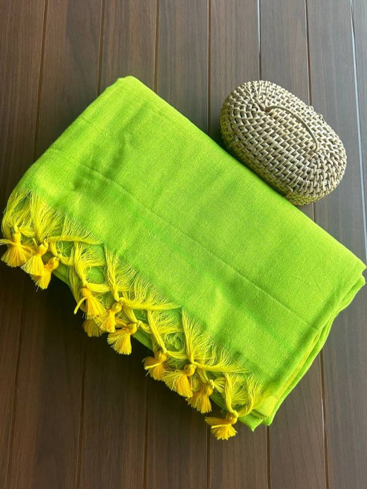 Plain Khadi cotton saree with self blouse- dual shaded green with yellow