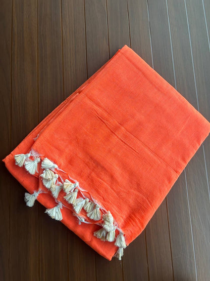 Plain Khadi cotton saree with self blouse - Orange