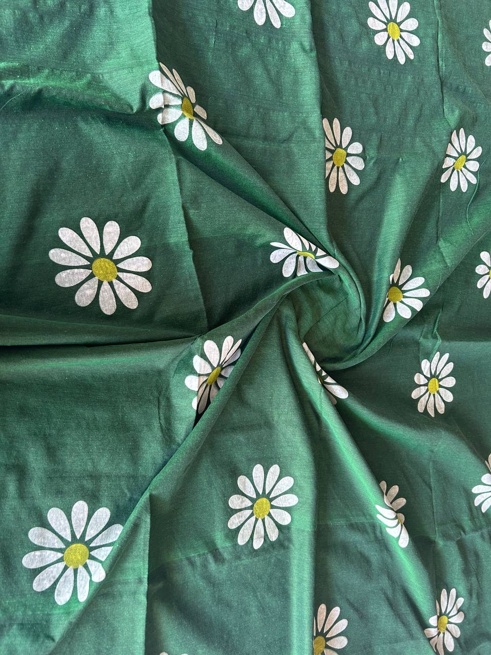 Flower hand print khadi cotton saree-Green